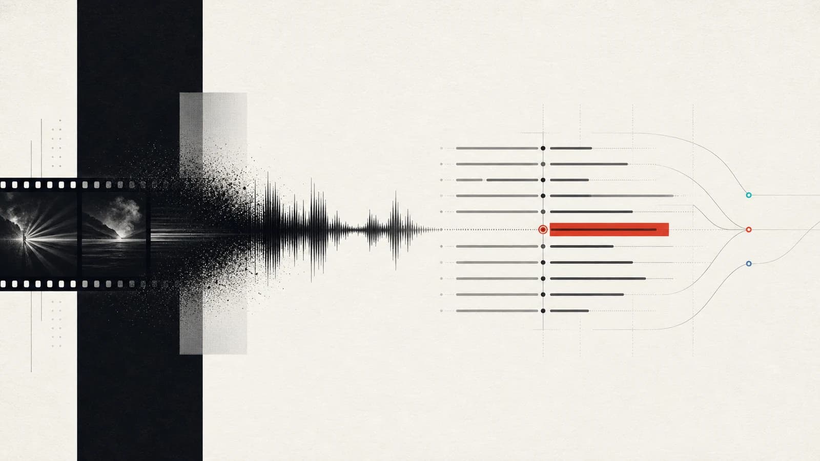 Film, waveform and transcript lines converging on one highlighted selection